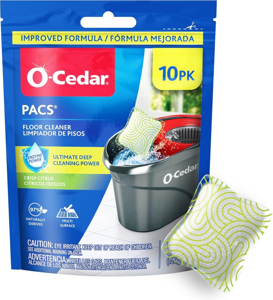 O-Cedar PACS Floor Cleaner, Crisp Citrus Scent – 10 Count | Enzyme-Powered Pods for Streak-Free Cleaning on Wood, Tile & Laminate Floors
