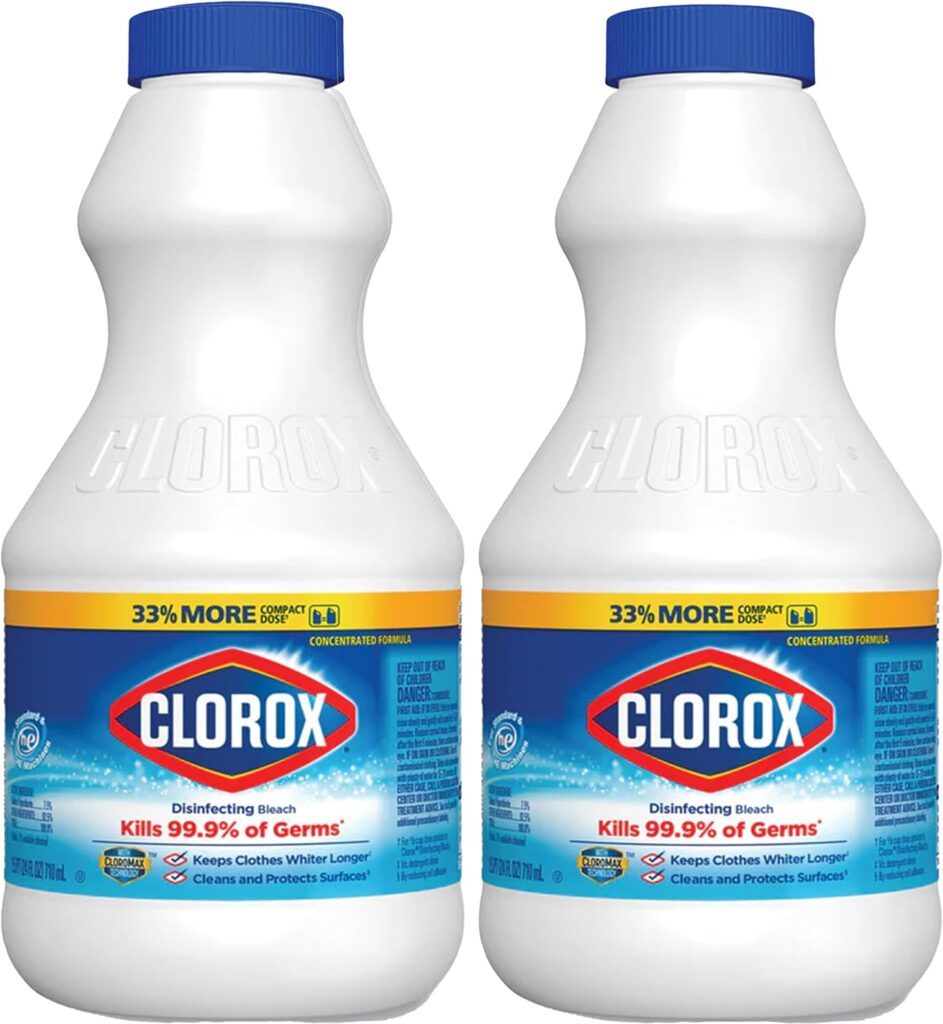 Clorox Regular Disinfecting Bleach Cleaner, 2 Pack Concentrated Liquid Bleach, Removes Mold, Mildew and Stains, Whitens, for Multi Purpose Cleaning and Laundry, 24 oz Bottles