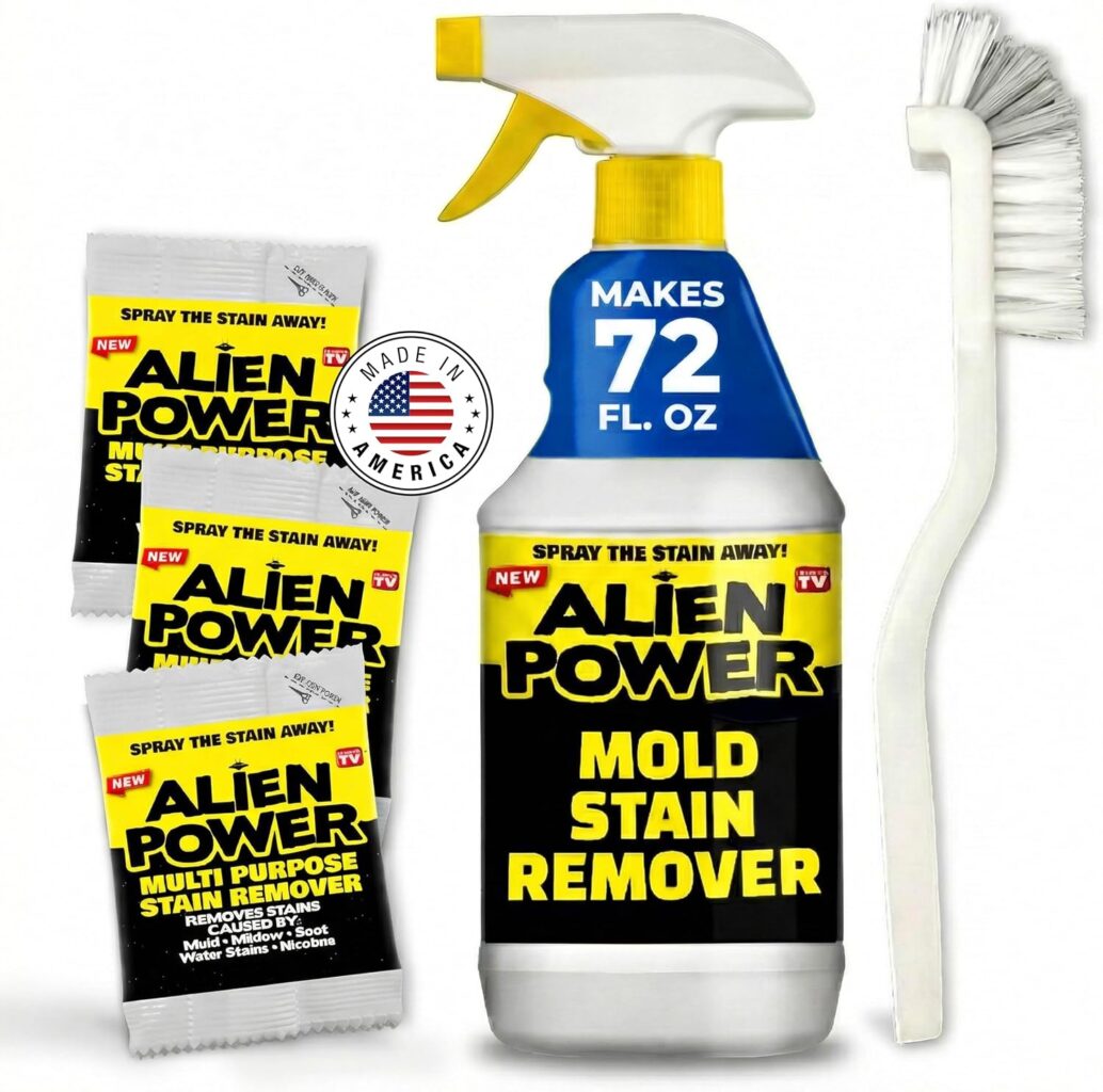 ALIEN POWER 72 OZ Instant Stain Remover Spray for Black Mold and Mildew | All Purpose No-Scrub Cleaner for Bathroom & Household Surfaces, Tiles, Wall, Made in USA – 3 Packets (Makes 72 Fl Oz)