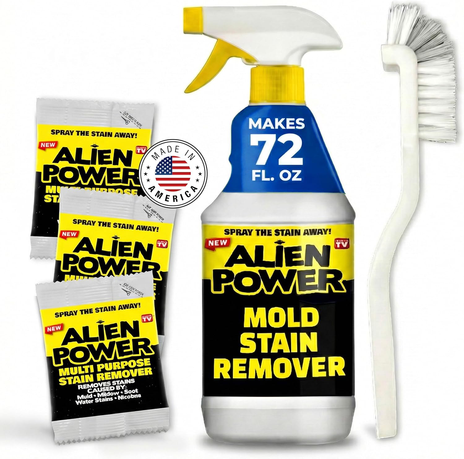 ALIEN POWER 72 OZ Instant Stain Remover Spray for Black Mold and Mildew | All Purpose No-Scrub Cleaner for Bathroom & Household Surfaces, Tiles, Wall, Made in USA – 3 Packets (Makes 72 Fl Oz)