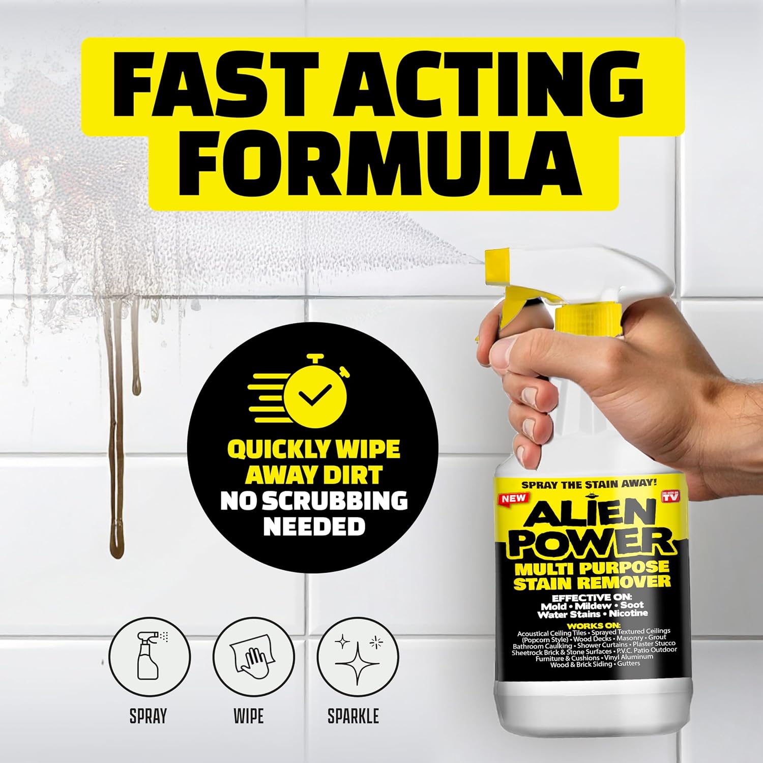 ALIEN POWER 72 OZ Instant Stain Remover Spray for Black Mold and Mildew | All Purpose No-Scrub Cleaner for Bathroom & Household Surfaces, Tiles, Wall, Made in USA – 3 Packets (Makes 72 Fl Oz)