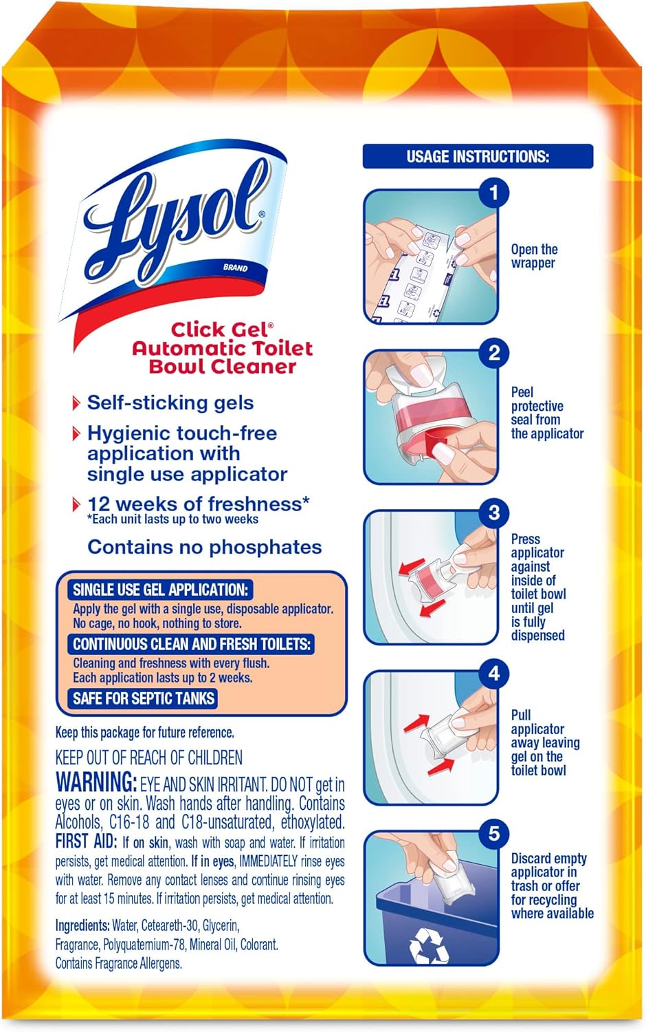 Lysol Click Gel Automatic Toilet Bowl Cleaner, Toilet Gel Stamp, Toilet Freshener, Bathroom Essentials, Refreshing Mango & Hibiscus Scent, 6 Count (Pack of 1)